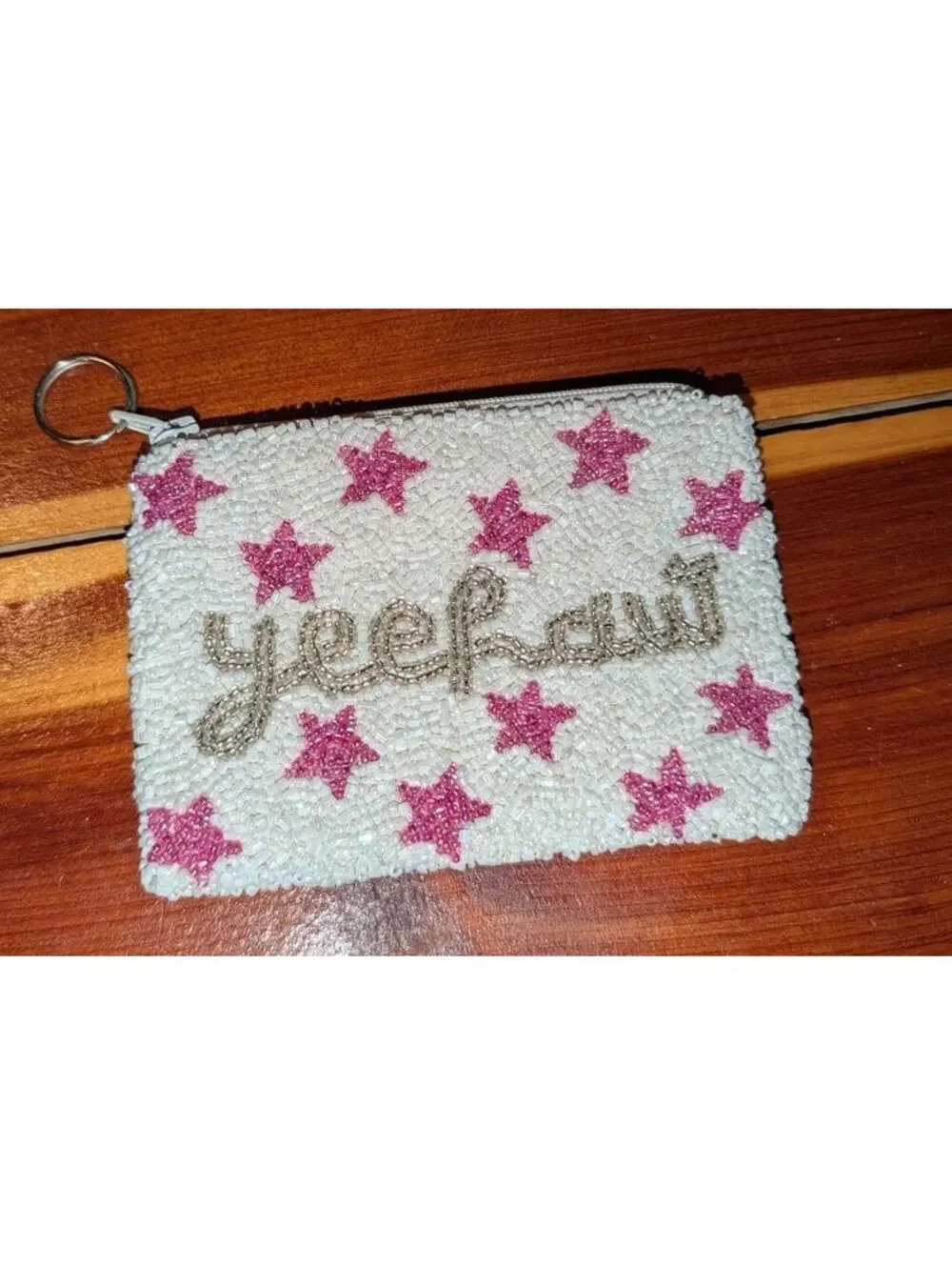 Tina Lony Beaded Zip Pouch with Pink Stars and Script